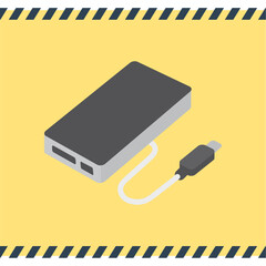 モバイルバッテリーのイラスト。充電ケーブル付きポータブル電源のフラットアイコン。Disaster prevention power bank illustration. Portable battery with charging cable icon. © eri