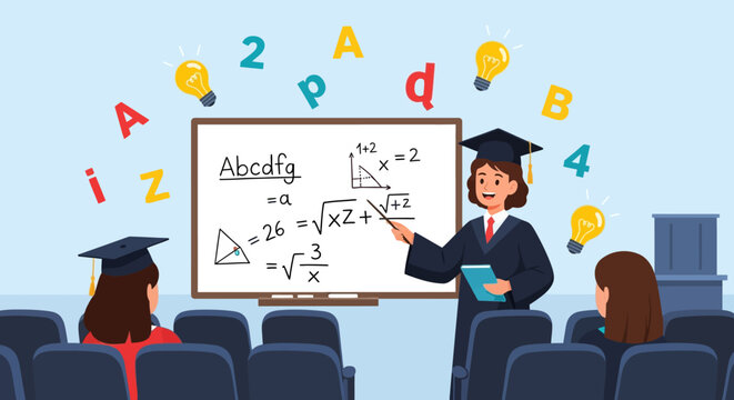 Female teacher in graduation cap explains math equations on whiteboard to students.