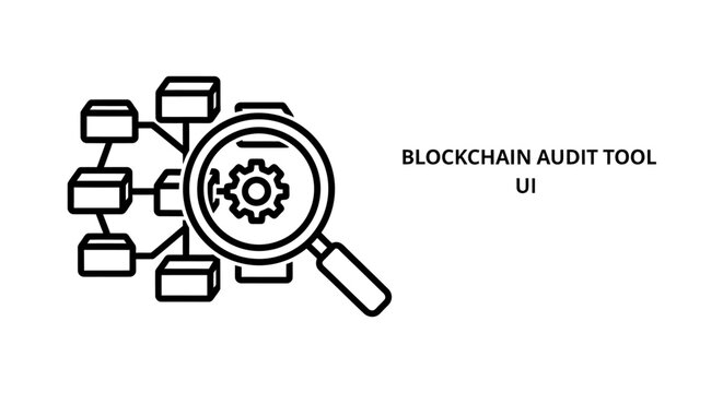 Blockchain audit tool UI concept outline icon set with blockchain technology security database investigation analysis verification cryptocurrency software development information structure
