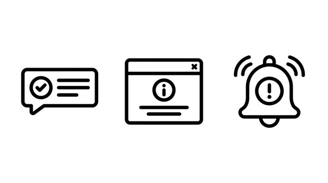 Set of notification and alert icons for user interface design with pop up notification information interface feedback minimalist communication computer software development technical