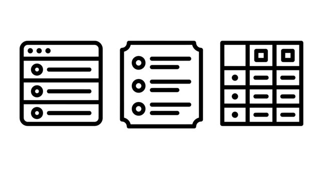 Website table and list data management interface icons with management interface spreadsheet information structure application software development checkbox arrangement formatting document