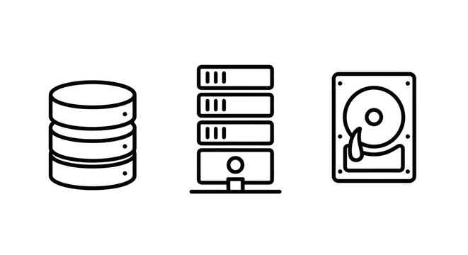 Data storage and server infrastructure linear icons set featuring database server rack hard drive disk symbols database infrastructure computing technology hardware information computer
