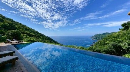 Fototapeta premium Scenic infinity pool with view of the mountains and sea