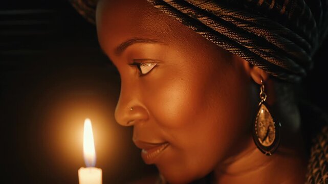 Close up of a thoughtful African woman looking at a burning candle in a dark room.