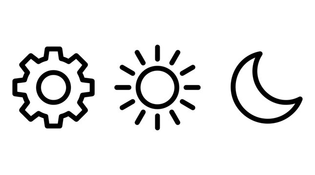 Set of UI interface icons including settings gear bright sun moon phase for day and night mode settings interface graphics configuration brightness astronomy maintenance technical