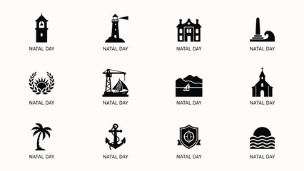Minimalist black and white icons representing coastal and maritime themes for travel branding © PRITOM