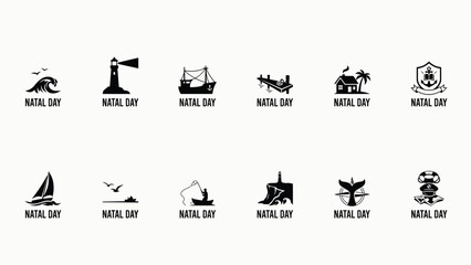Twelve minimalist coastal themed icons depicting maritime adventure fishing sailing and coastal landmarks for travel branding © PRITOM