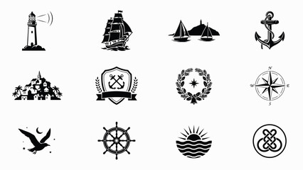 Nautical themed icons showcase vintage maritime symbols for travel branding © PRITOM