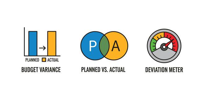 Project management icons showing budget variance planned versus actual data and deviation meter with management variance planning deviation performance analysis business tracking measurement