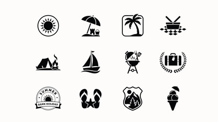 Minimalist summer vacation and travel icons bundle showcasing camping beach and adventure themes for marketing designs © PRITOM
