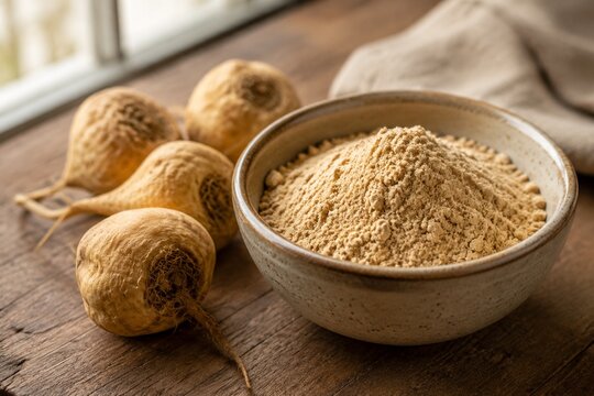 Finely ground maca powder in bowl with dried roots on wood.