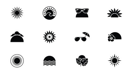 Minimalist black and white icon collection showcasing tropical vacation essentials with sun beach © PRITOM