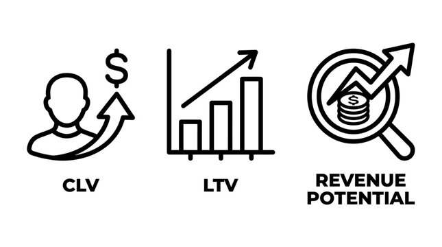 Business metrics and revenue potential icons for customer lifetime value and financial growth analysis with business analysis customer performance investment marketing corporate strategy