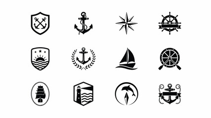 Elegant nautical themed icons showcase vintage ship motifs lighthouse dolphin and compass for travel branding © PRITOM