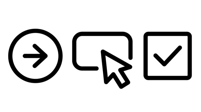 Collection of three user interface icons featuring arrow mouse cursor checkmark interface navigation selection interaction technology software direction approval checkbox complete webdesign