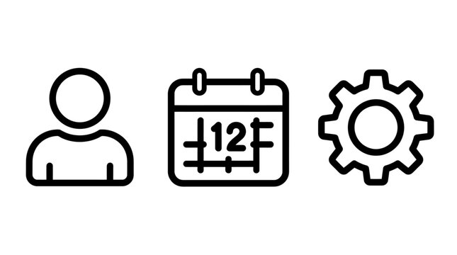 Minimalist user profile calendar and settings gear icons set with calendar interface settings application software development management communication scheduling maintenance technical