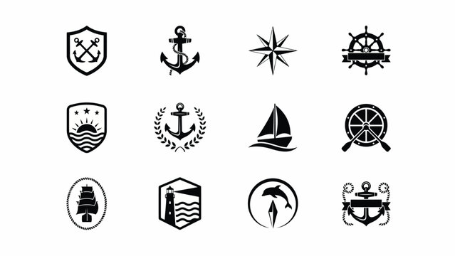 Elegant nautical themed icons showcase vintage ship motifs lighthouse dolphin and compass for travel branding