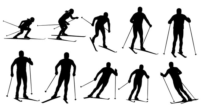Silhouettes of cross country skiers in various dynamic poses against a clean white background