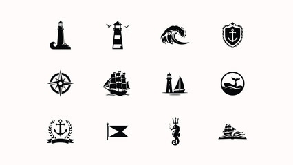 Elegant nautical themed icon set showcasing vintage maritime symbols for travel adventure © PRITOM