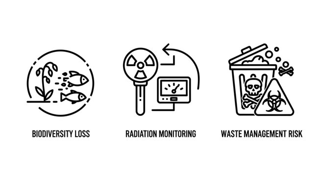 Environmental issues and safety hazard icons including biodiversity loss radiation monitoring and waste management risk environment radiation pollution biodiversity monitoring radioactive