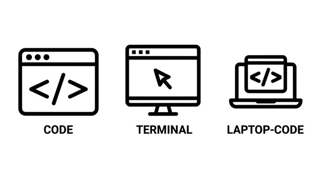 Programming and development software icons for code terminal and laptop with programming terminal software development developer computer application technology interface engineering