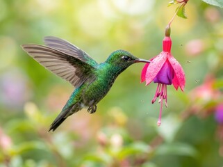 Naklejka premium Vibrant Green Hummingbird Sipping Nectar from a Fuchsia Flower in Soft Sunlight.
