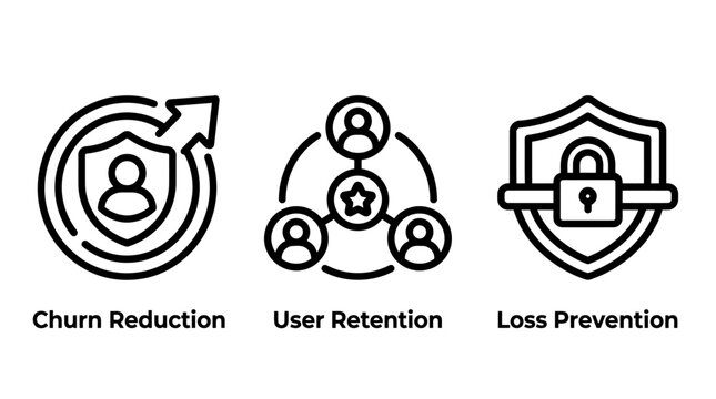 Business customer retention and security icon set featuring churn reduction user loyalty and loss prevention retention prevention business security customer protection strategy analytics