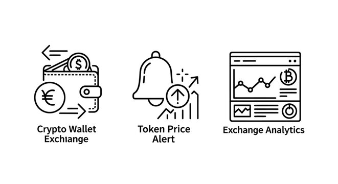 Cryptocurrency wallet exchange and market data analytics icons set with exchange analytics currency business investment blockchain notification application technology statistics management