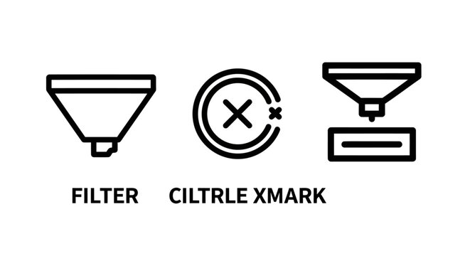 Minimalist set of technical filter and data processing line icons for web and mobile interfaces with interface processing technical settings software application function development selection
