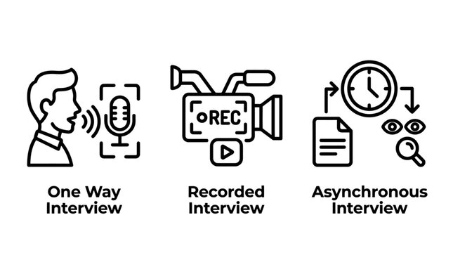 Set of modern interview process icons including one way recorded and asynchronous methods with interview asynchronous recorded recruitment microphone candidate business employment communicatio