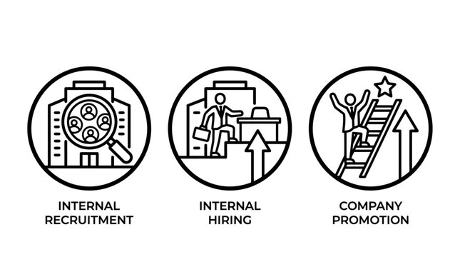 Internal recruitment hiring company promotion process icons with human resources career path magnifying glass human capital black and white business process hiring manager hiring strategy