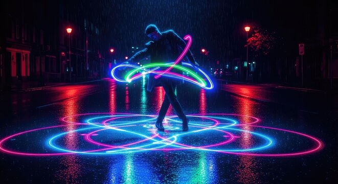Glowing neon strobes flash across a rhythmic urban floor, capturing energetic motion, vibrant colors, and dynamic pulses of musical energy, motion, texture, entertainment