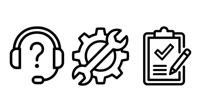 Business process and customer support linear icons set with checklist customer settings management workflow maintenance technical assistance planning documentation organization solution