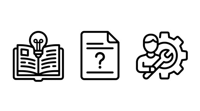 Knowledge management and technical support icons set with document question education knowledge research learning solution technical information guidance analysis maintenance engineering