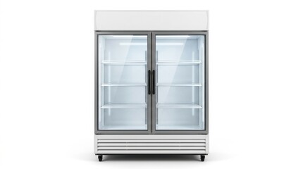 Obraz premium Empty Professional Double Door Commercial Display Refrigerator with Glass Doors and Shelves Isolated on Transparent Background
