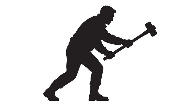 Man Swinging Sledgehammer Against White Background Black Silhouette
