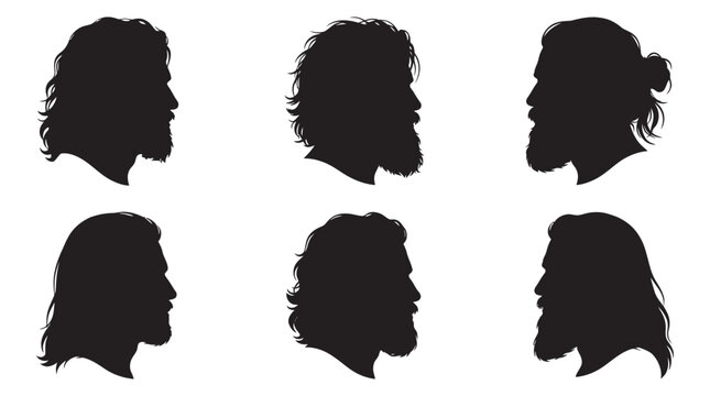 Collection Of Bearded Man Profile Silhouettes Black And White Silhouette