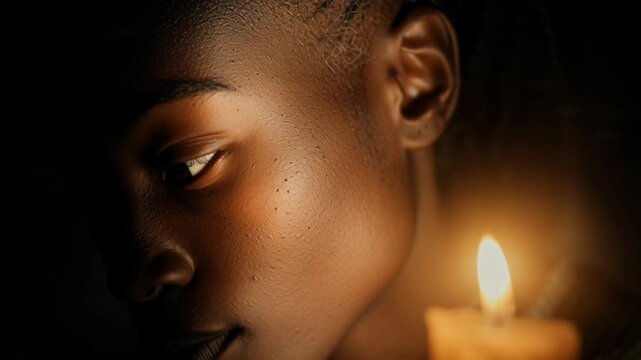 Thoughtful Young Woman Pondering by Candlelight in Dimly Lit Room