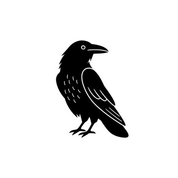 Black raven vector silhouette of a perched bird on white background