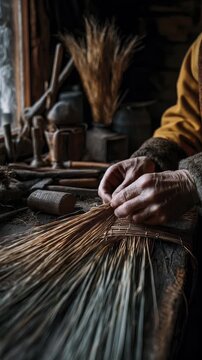 Hands weaving rustic basket