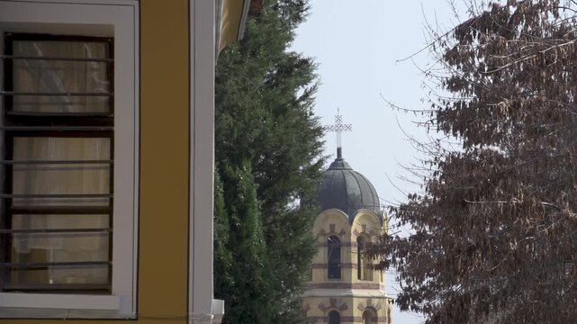 Zoom in on the bell tower of Sveta Nedelya Church in the Old Town of Plovdiv, Bulgaria&mdash;one of the most impressive examples of Bulgarian Renaissance architecture.