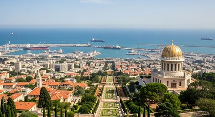 Obraz premium Panoramic View of Coastal City with Historic Architecture and Ocean Horizon.