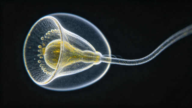 A phase-contrast micrograph of *Vorticella convallaria*, showing its characteristic bell-shaped body and contractile stalk; this is a living freshwater ciliate exhibiting authentic phase halos.