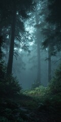 Obraz premium Mysterious forest scene with tall trees shrouded in mist and filtered sunlight effects