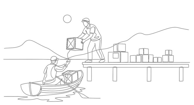 Workers loading cargo onto a dock from a boat.