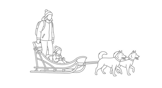 Family riding a sled pulled by dogs in winter scene.