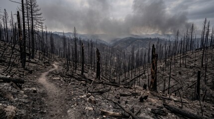 Obraz premium Burned forest landscape after a devastating wildfire, blackened tree trunks, ash-covered ground, smoky horizon, environmental destruction concept