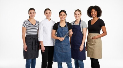 Fototapeta premium Five multiethnic women smile together in professional kitchen aprons and chef uniforms, representing a diverse culinary or restaurant crew against a white background.