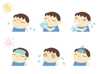 Obraz premium 熱中症対策をする男の子のイラストセット 主線なし