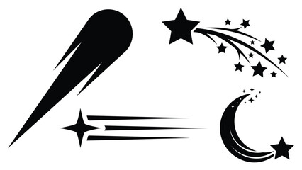 Shooting Star and Comet Clipart Vector Set in Black Silhouette for Night Sky Designs © azad